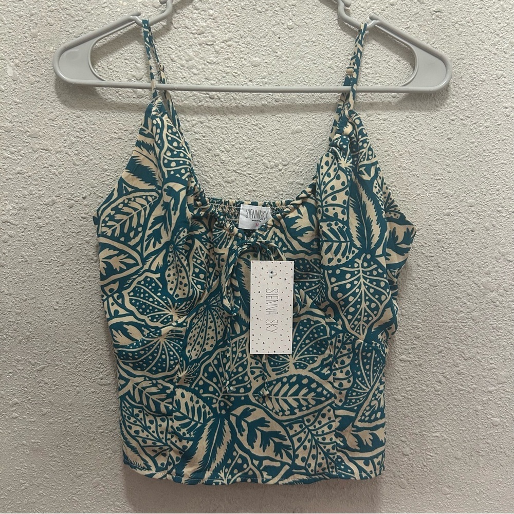 Sienna Sky Teal and Cream/Tan Tie Front Crop Top NWT M